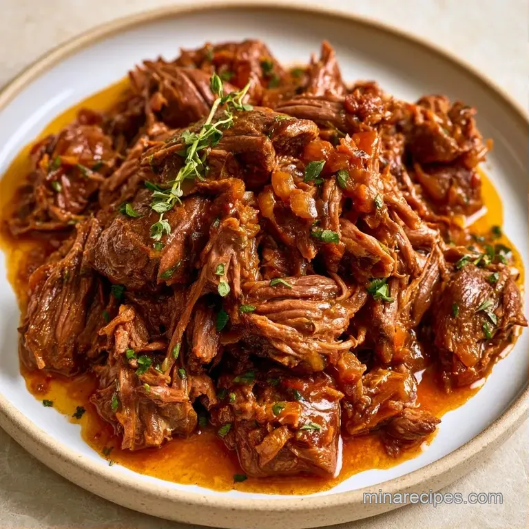 Slices of succulent dark meat drizzled in savory brown jus, garnished with fresh thyme on a white stoneware plate.