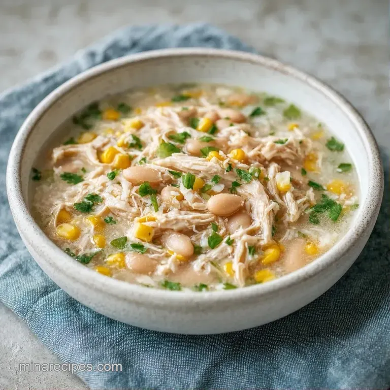 Rich, velvety white chili served in a rustic ceramic bowl with a swirl of sour cream and sliced green jalape&ntilde;os.