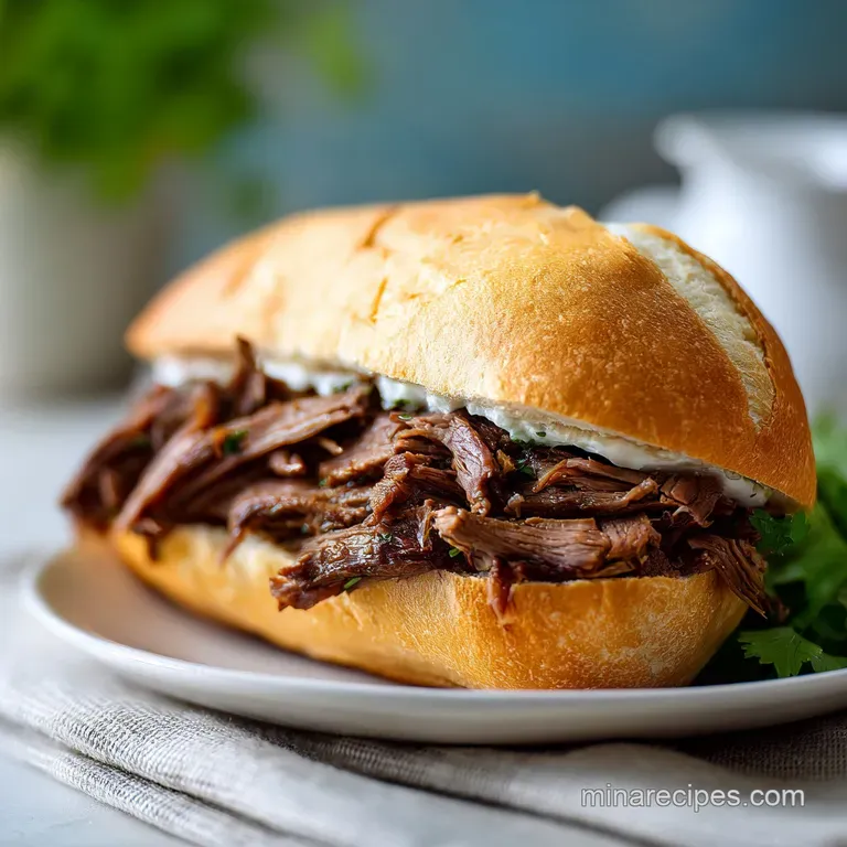 Slices of savory French dip sandwich artfully arranged with a ramekin of rich dipping broth.