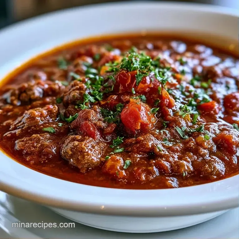 A bowl of thick, dark red stew topped with a swirl of cool sour cream and a sprinkle of fresh green chives.