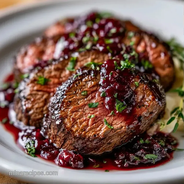 Sliced lean roast meat on a white platter, drizzled with glossy red wine reduction and garnished with fresh thyme.