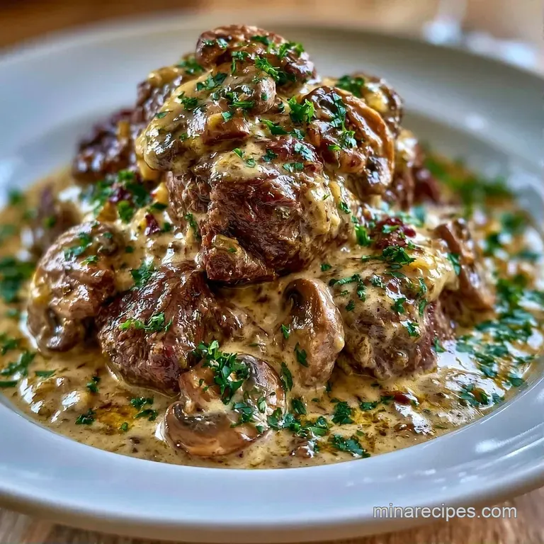 A white bowl filled with tender chunks of meat in a velvety brown sauce, garnished with bright green parsley.