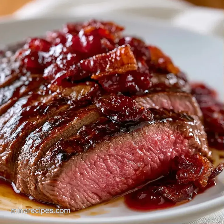 Thick slices of tender red meat topped with golden bacon strips on a white plate with a drizzle of dark glaze.