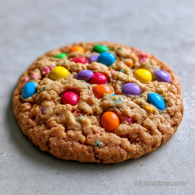 A stack of warm cookies with colorful candy shells next to a tall glass of cold milk on a white marble tabletop.