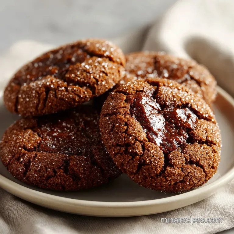 A neat stack of dark amber cookies on a white ceramic plate, accented by a glass of cold milk and linen napkin.