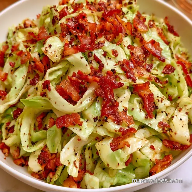 Tender, buttery green cabbage piled high on a white plate, garnished with golden-brown bacon and cracked black pepper.