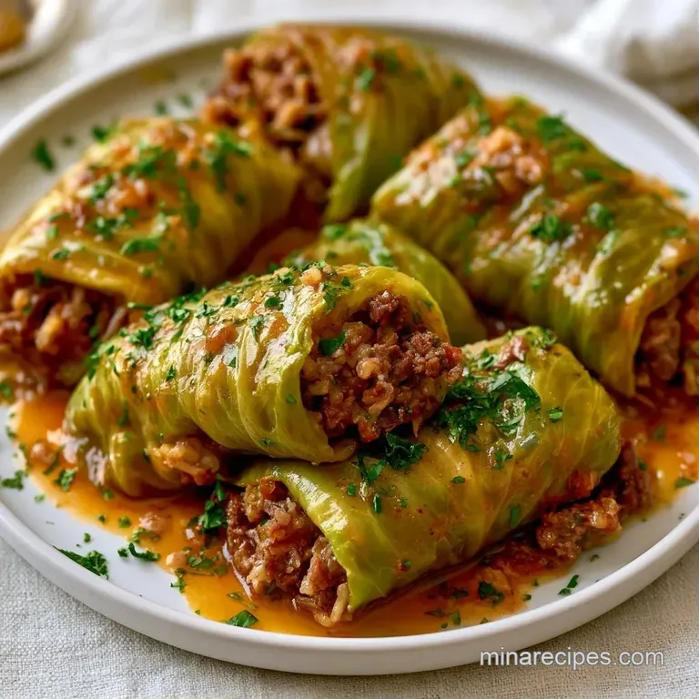 Two tender cabbage rolls on a white plate, drizzled with rich red sauce and garnished with a fresh parsley sprig.