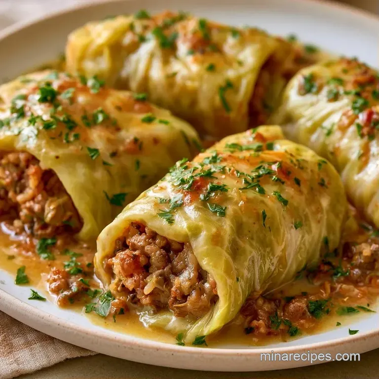 Tender cabbage rolls arranged on a white plate, topped with a glossy red sauce and a sprinkle of bright green herbs.