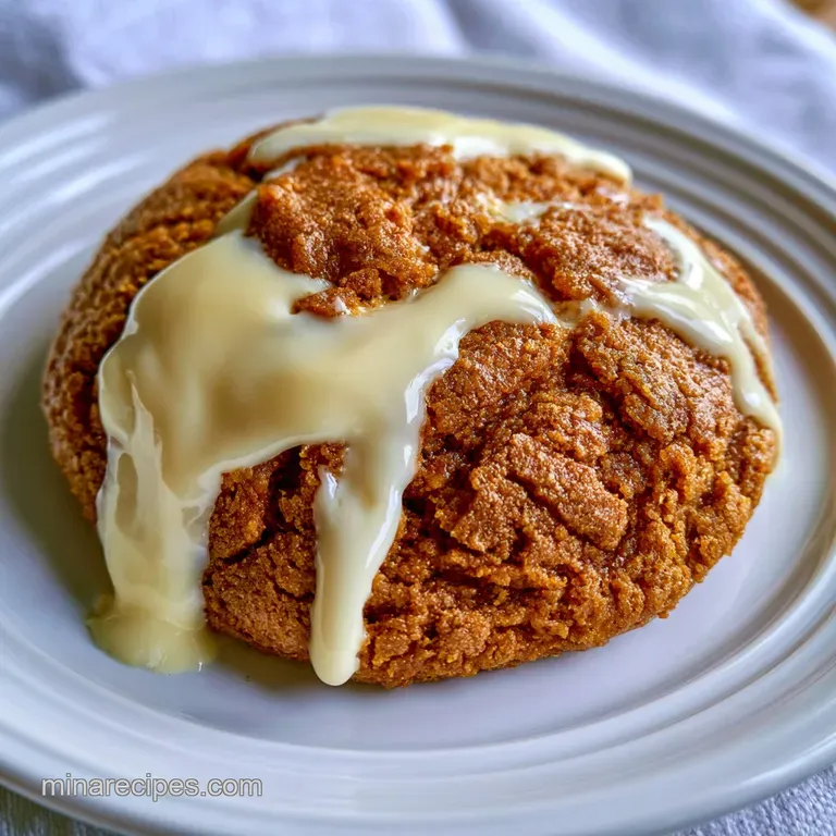 Stacked golden cookies on a white ceramic plate, drizzled with warm cookie butter and a touch of sea salt.